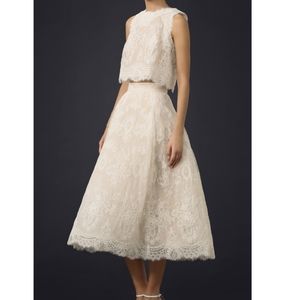 Monique Lhuilier Lace Crop Top & Tea Length Skirt